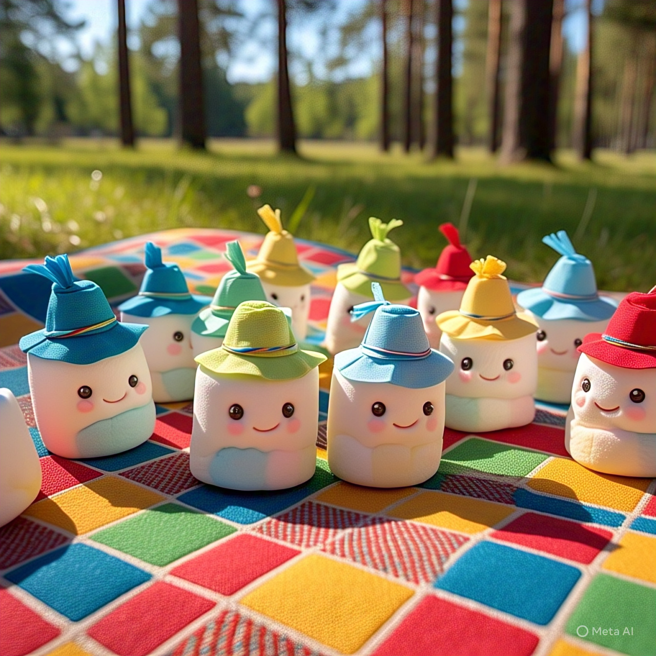 Marshmallows värikkäissä hatuissa piknikhuovalla aurinkoisessa metsässä